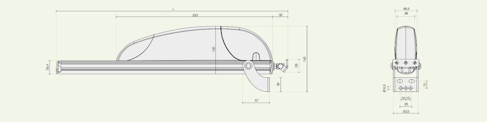 Dimensiones del actuador de cremallera Airwin A45 Comunello