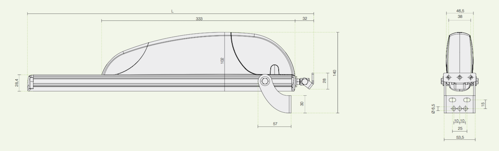Dimensiones del actuador de cremallera Airwin A65 Comunello