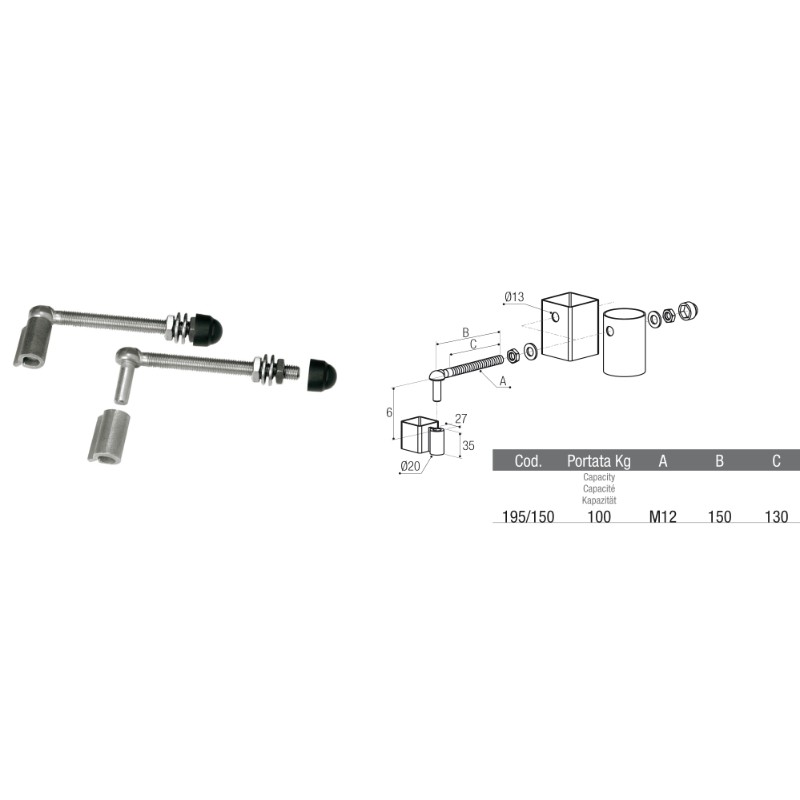 Bisagra de acero inoxidable con casquillos de acero para soldar Brevetti Adem