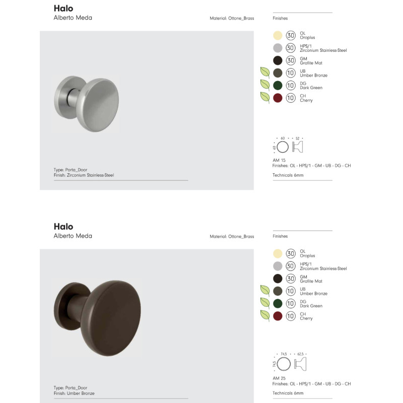 Halo Colombo Design Pomo Fijo para Puerta Ø60 o Ø72 Alberto Meda