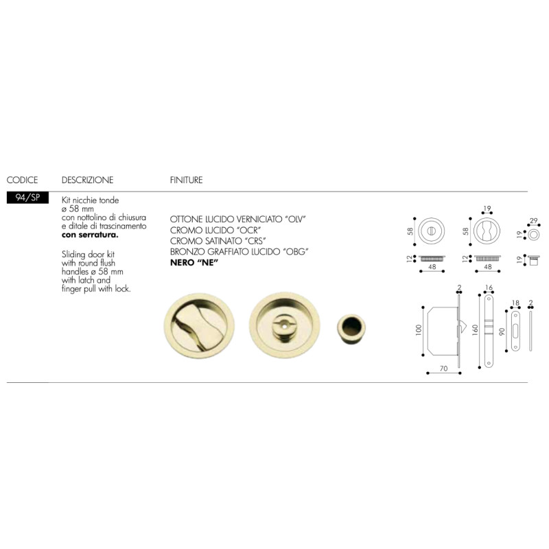 Manilla Empotrada para Puerta Corredera Arieni 94/SP Ø58 Kit Cerradura
