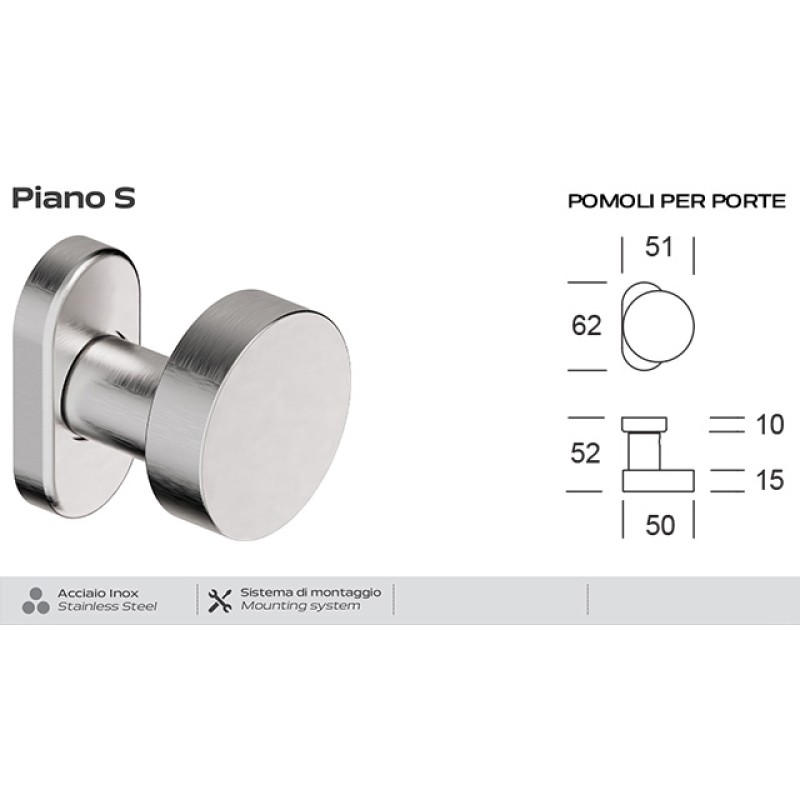 Pomo Inox para Puerta Fija Reguitti Inox Piano S